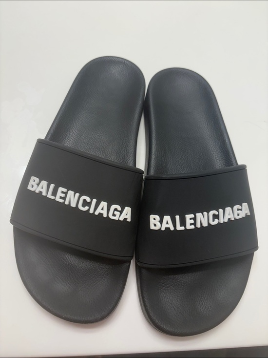 Balenciaga Shoes - Balenciaga Black Slides with White Logo